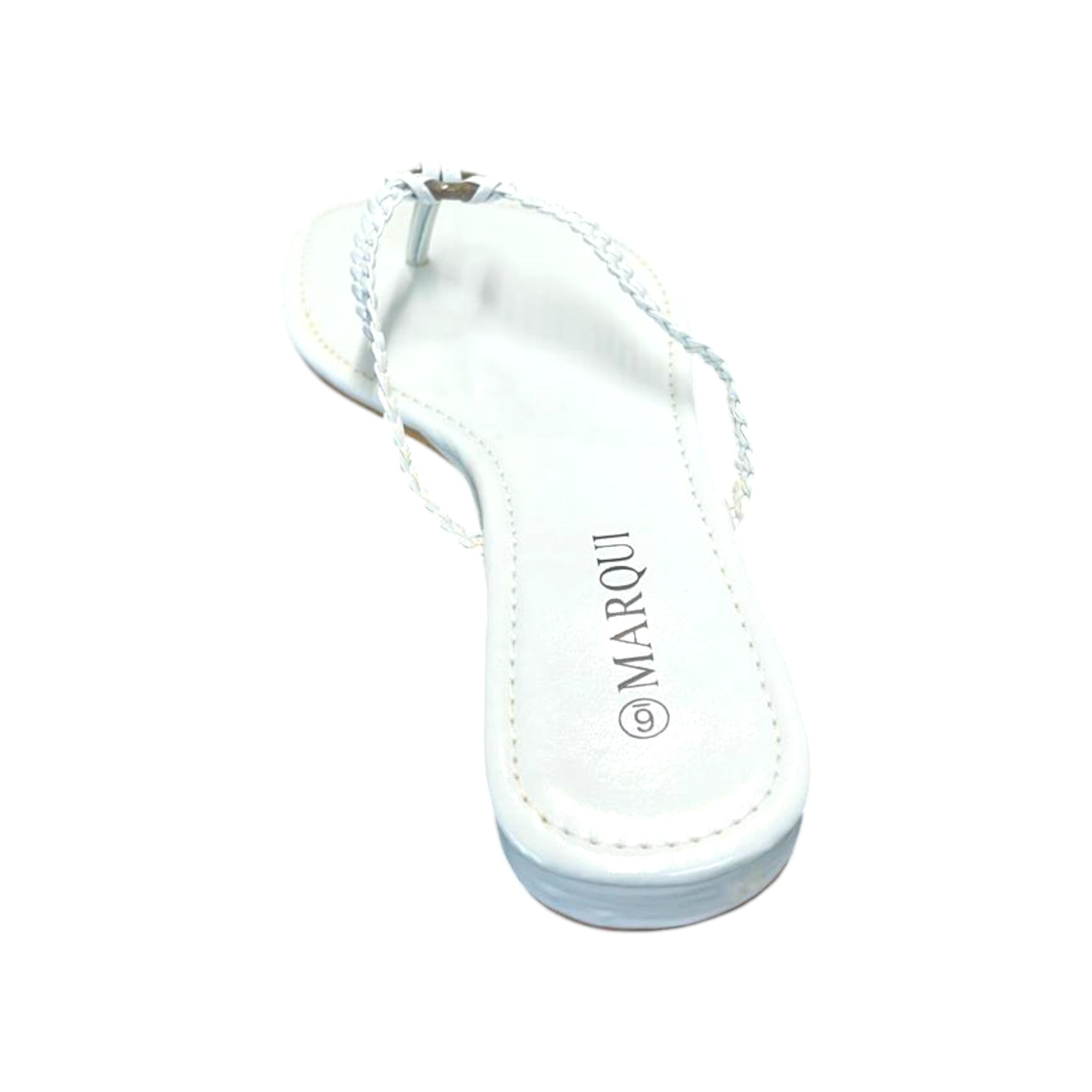 Women's white braided thong sandal by Marqui with metal ring detail – flat summer slip-on beach footwear